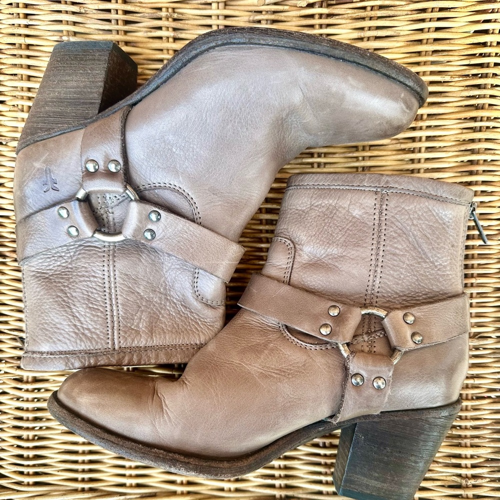 Frye Brown Ankle Boots with Distressed Leather and Strap Details